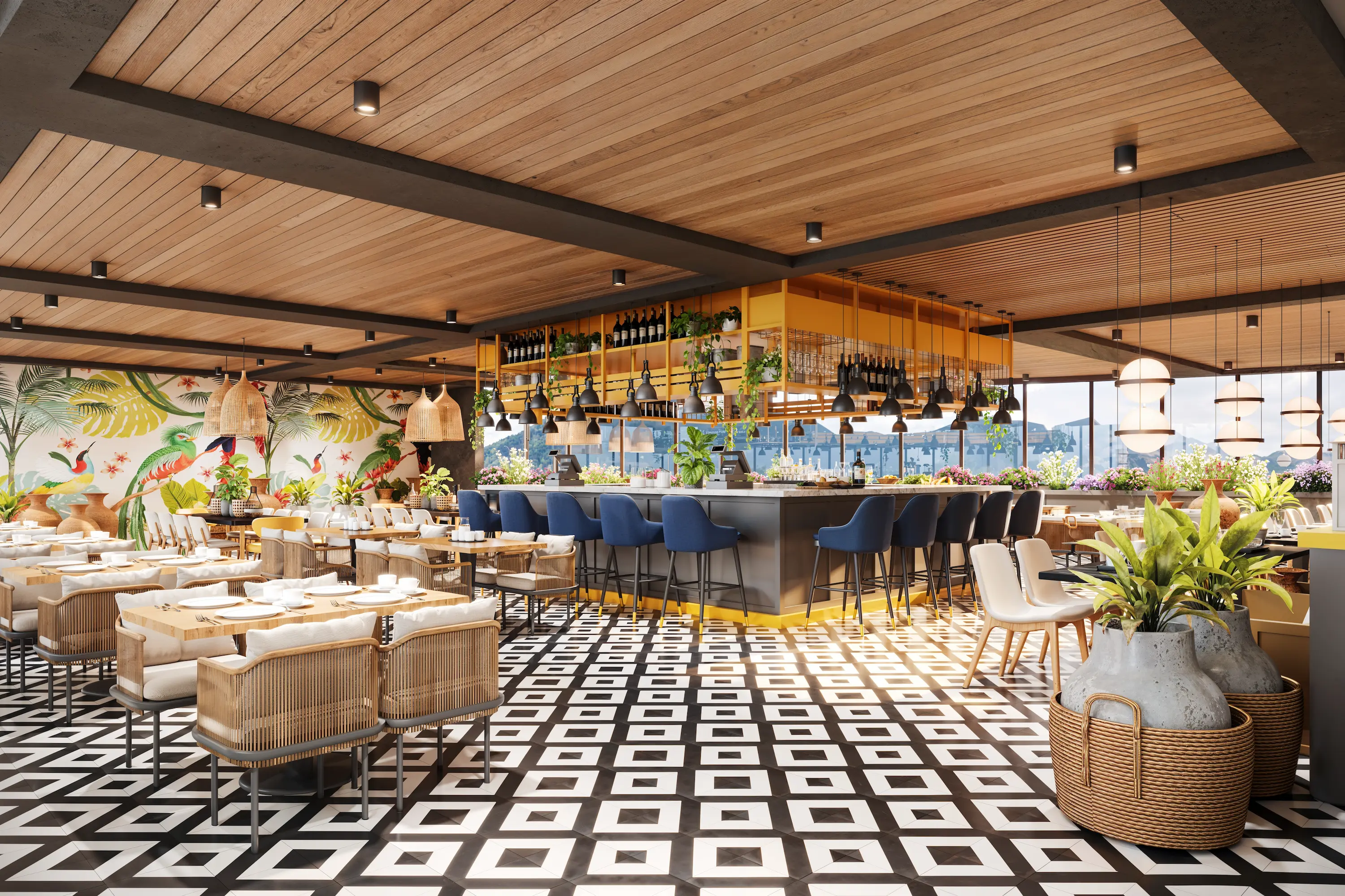 Terraza de restaurante al aire libre con vista al embalse en Jardín Encanto